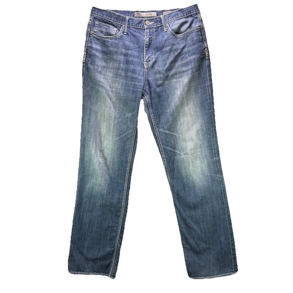 BKE Jeans Mens 36x36 Blue Seth Straight Leg Faded Distressed Stretch Denim